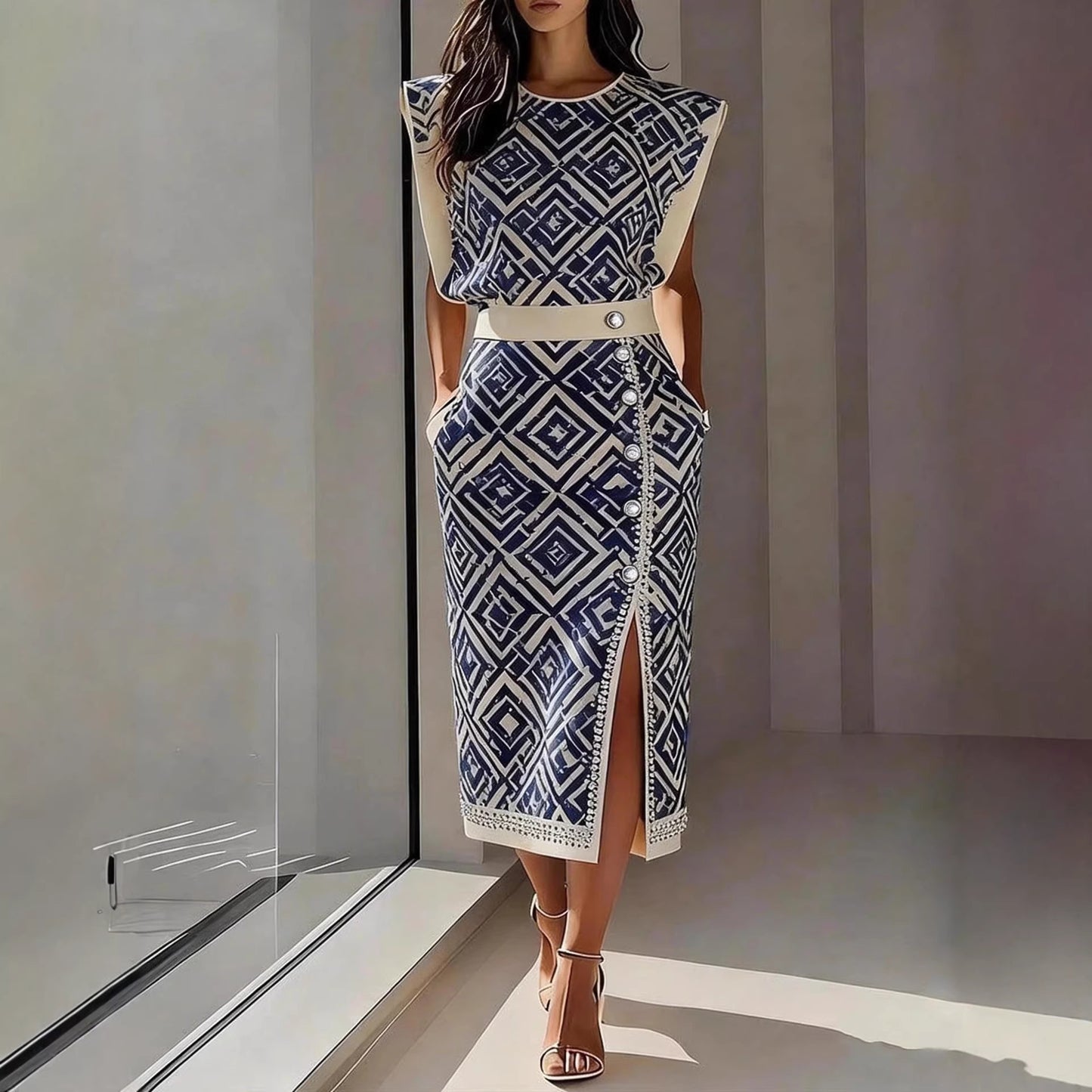 Printed Slit Midi Skirt Outfit