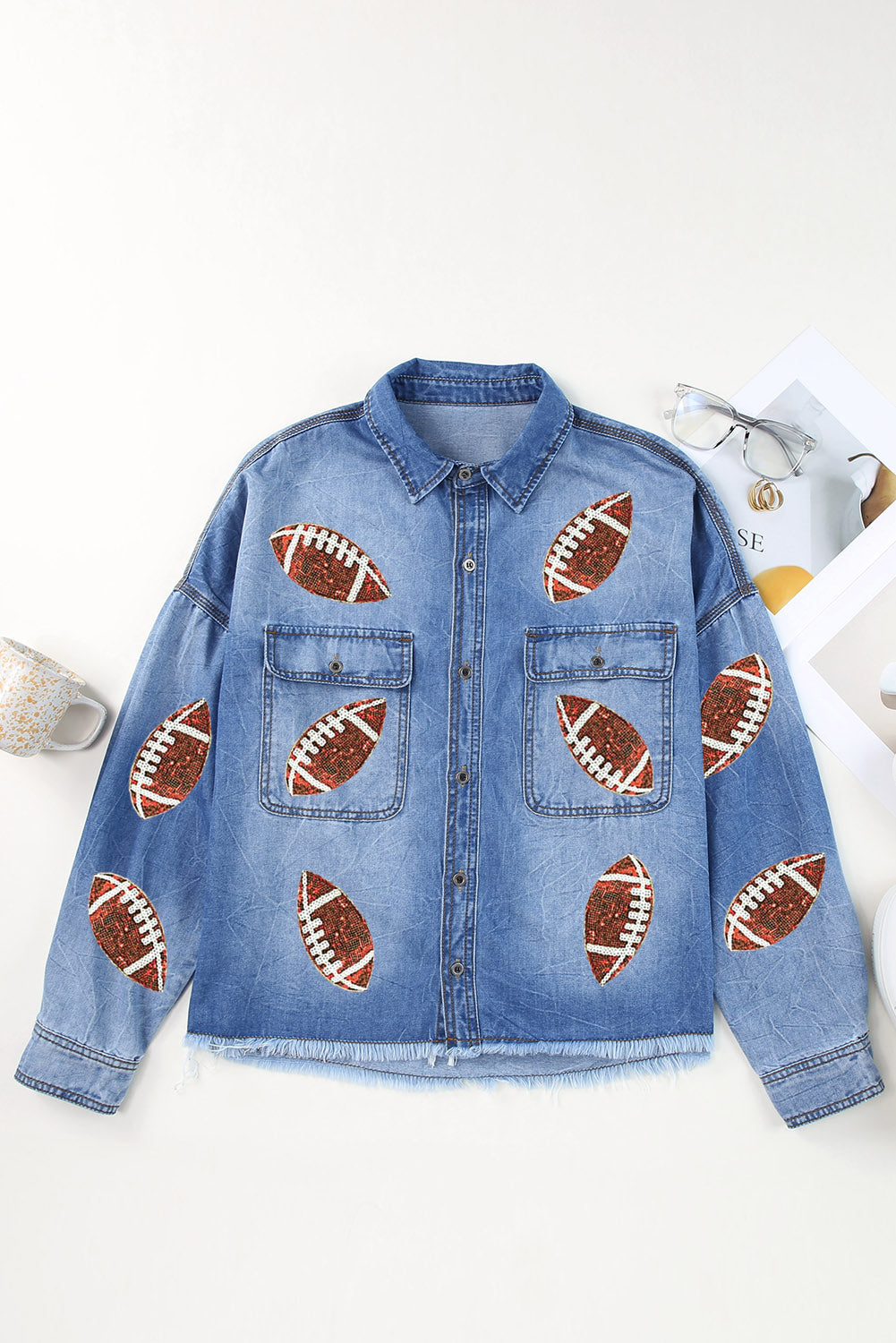 Sky-Blue Sequin Rugby Graphic Flap-Pockets Raw-Hem Denim Jacket