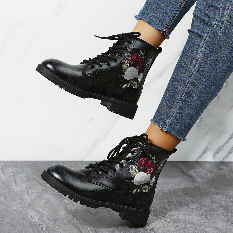 Rose Flower Print Lace-Up Ankle Boots