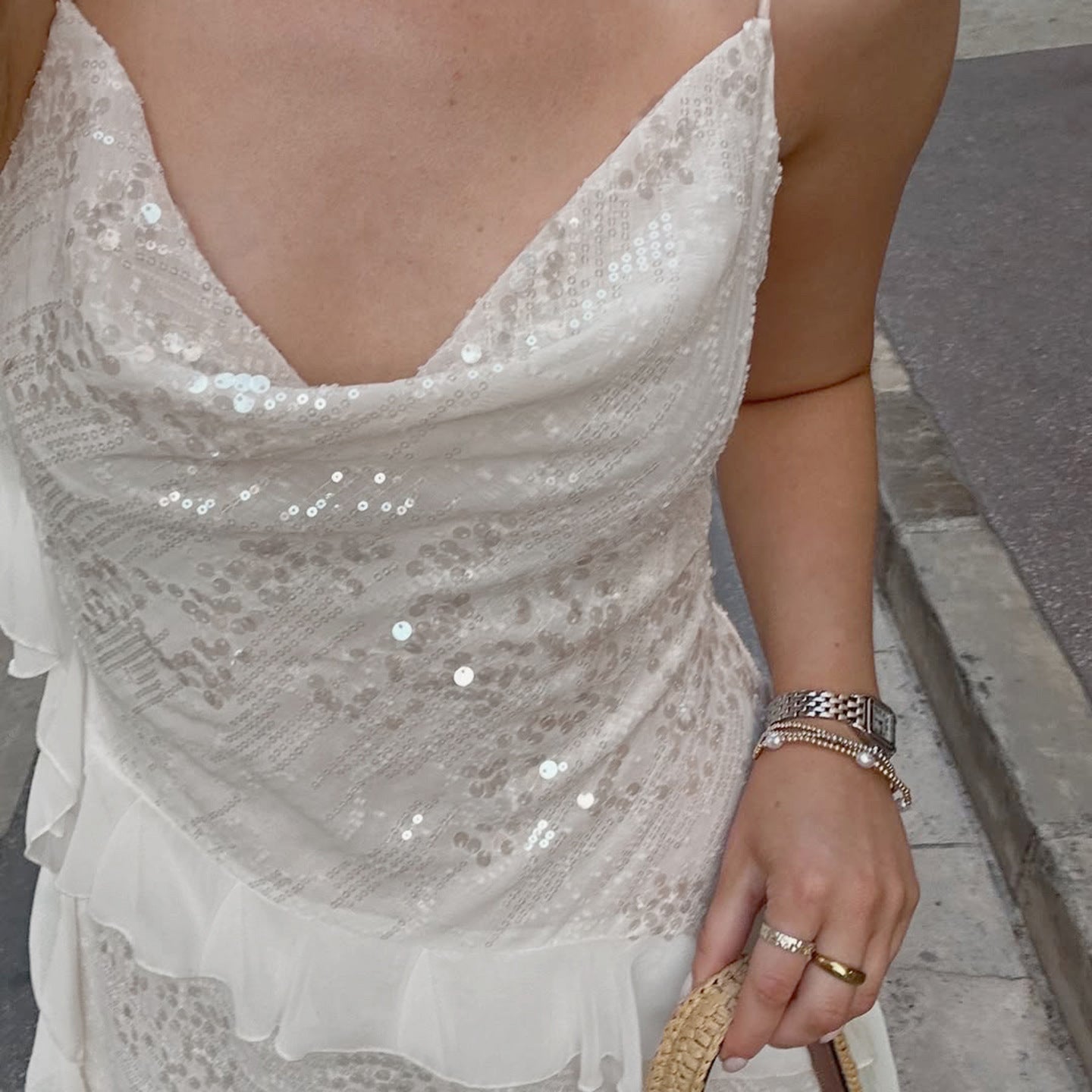 Sequin-Trimmed Irregular-Hem Pleated Dress