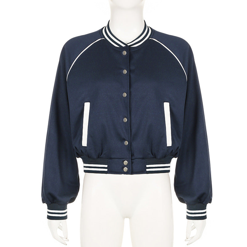 Retro American College-Style Colour Contrast Patchwork Stand-Collar Baseball Jacket