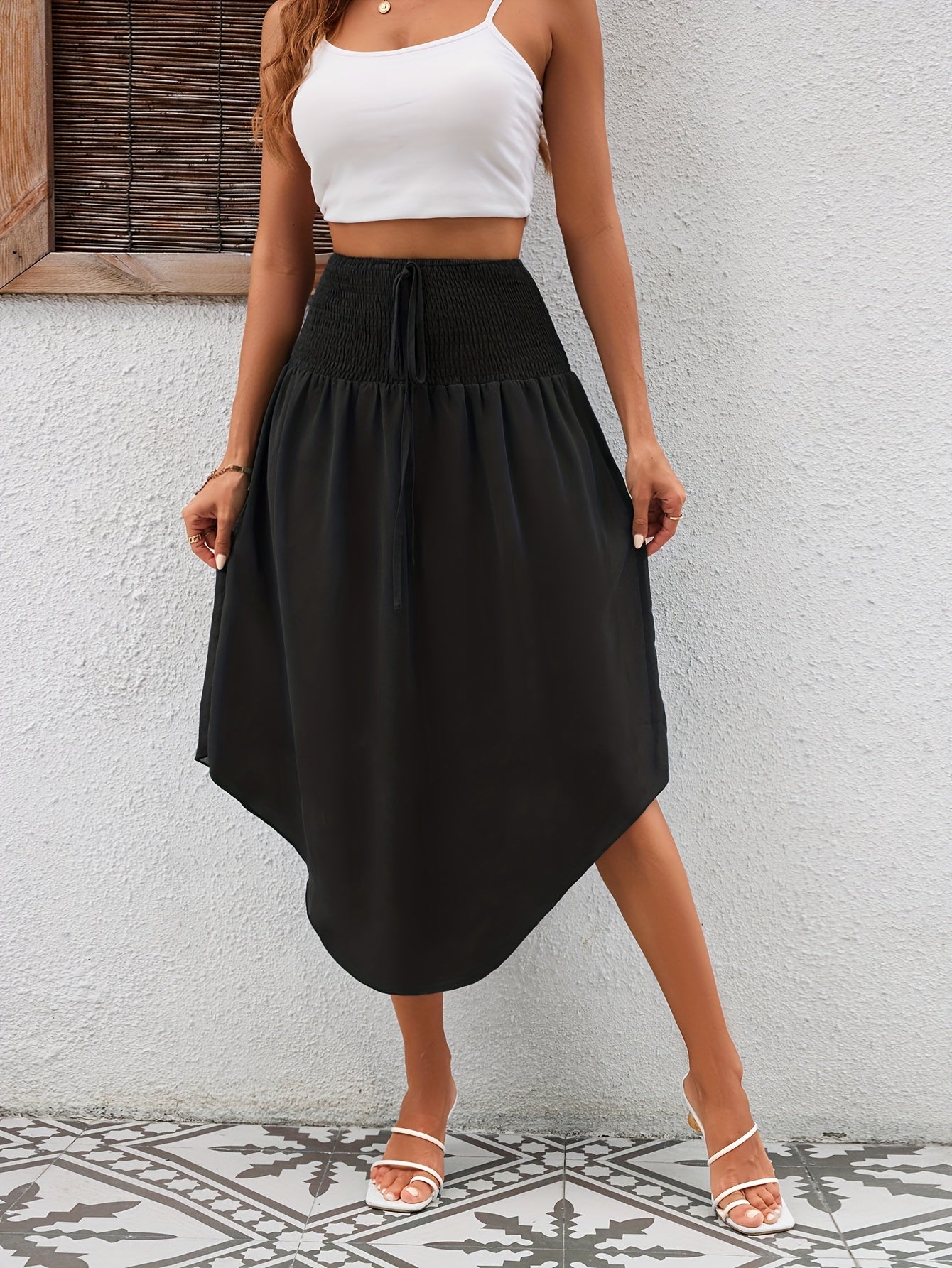 Asymmetrical Hem Tie Front Midi Skirt