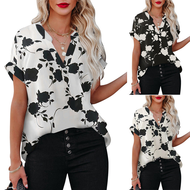 Floral Print Short-Sleeve Shirt For Women