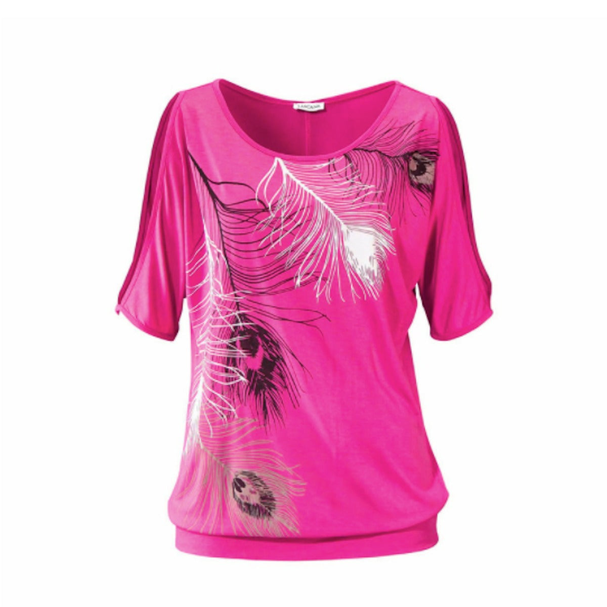 Womens Cut Shoulder Casual T-Shirt With Feather Print