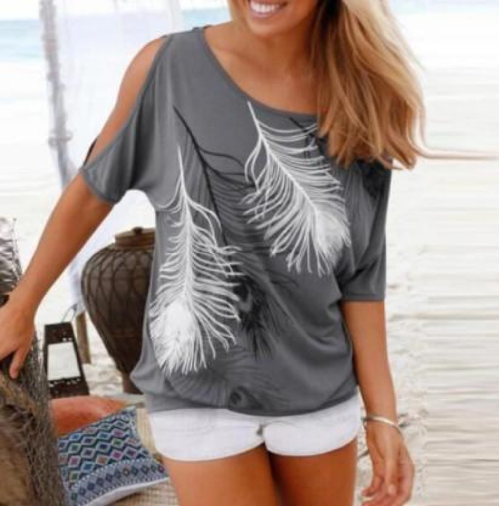 Womens Cut Shoulder Casual T-Shirt With Feather Print