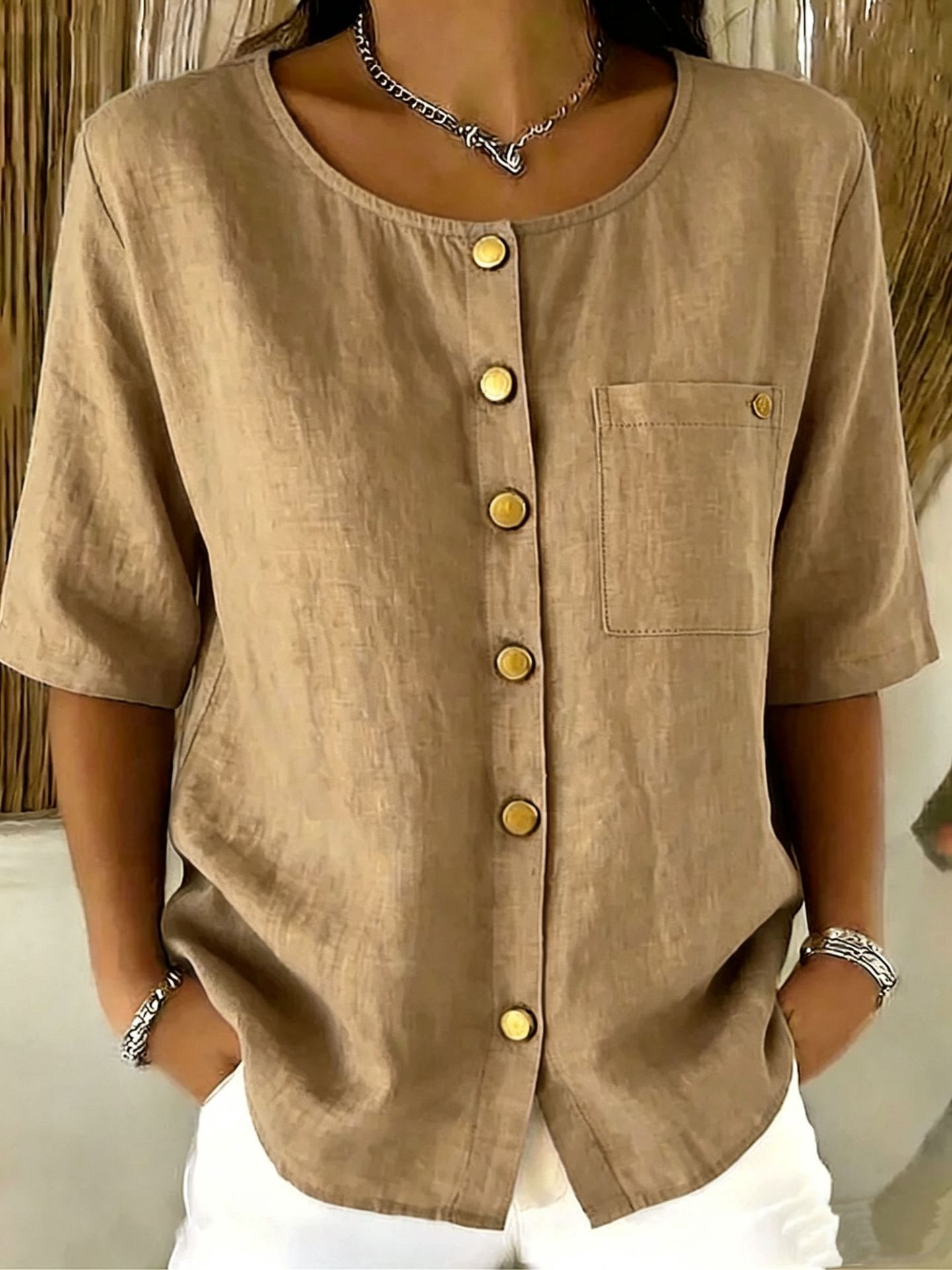 Womens Crew-Neck Shirt With Metal Buttons And Three-Quarter Sleeves