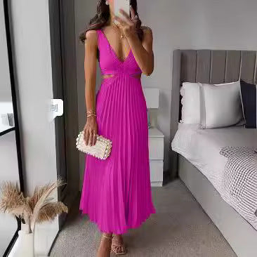 Summer New V-neck Sleeveless Hollow Backless Pleated Dress