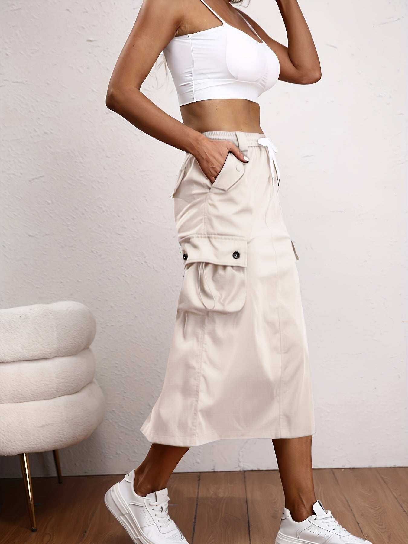 Solid Flap Pockets Skirt