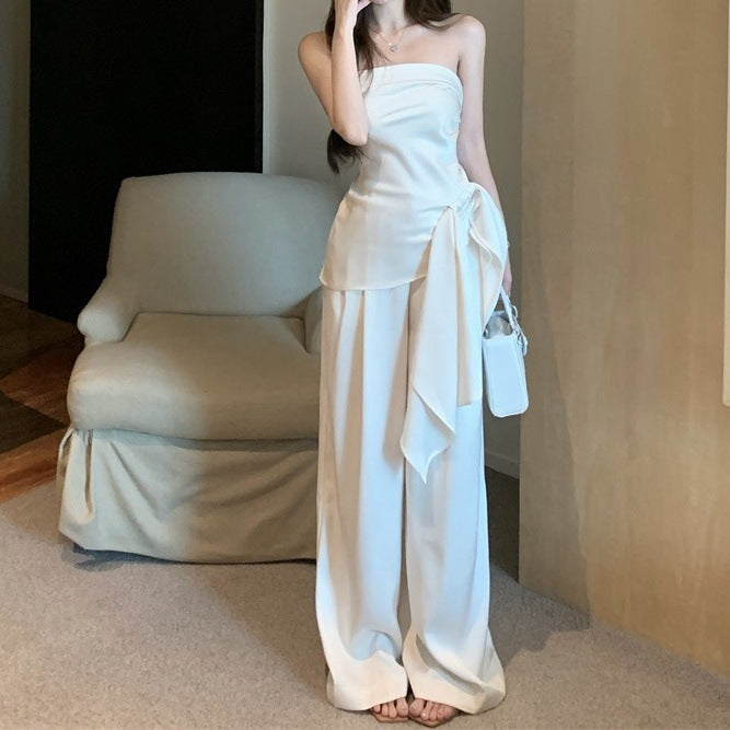Asymmetrical Strap Cinched Waist Short Sleeveless Tube Top Jumpsuit With Wide-Leg Pants