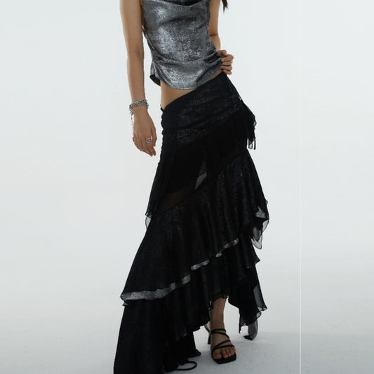 Irregular Ruffled Stitching See-Through Skirt