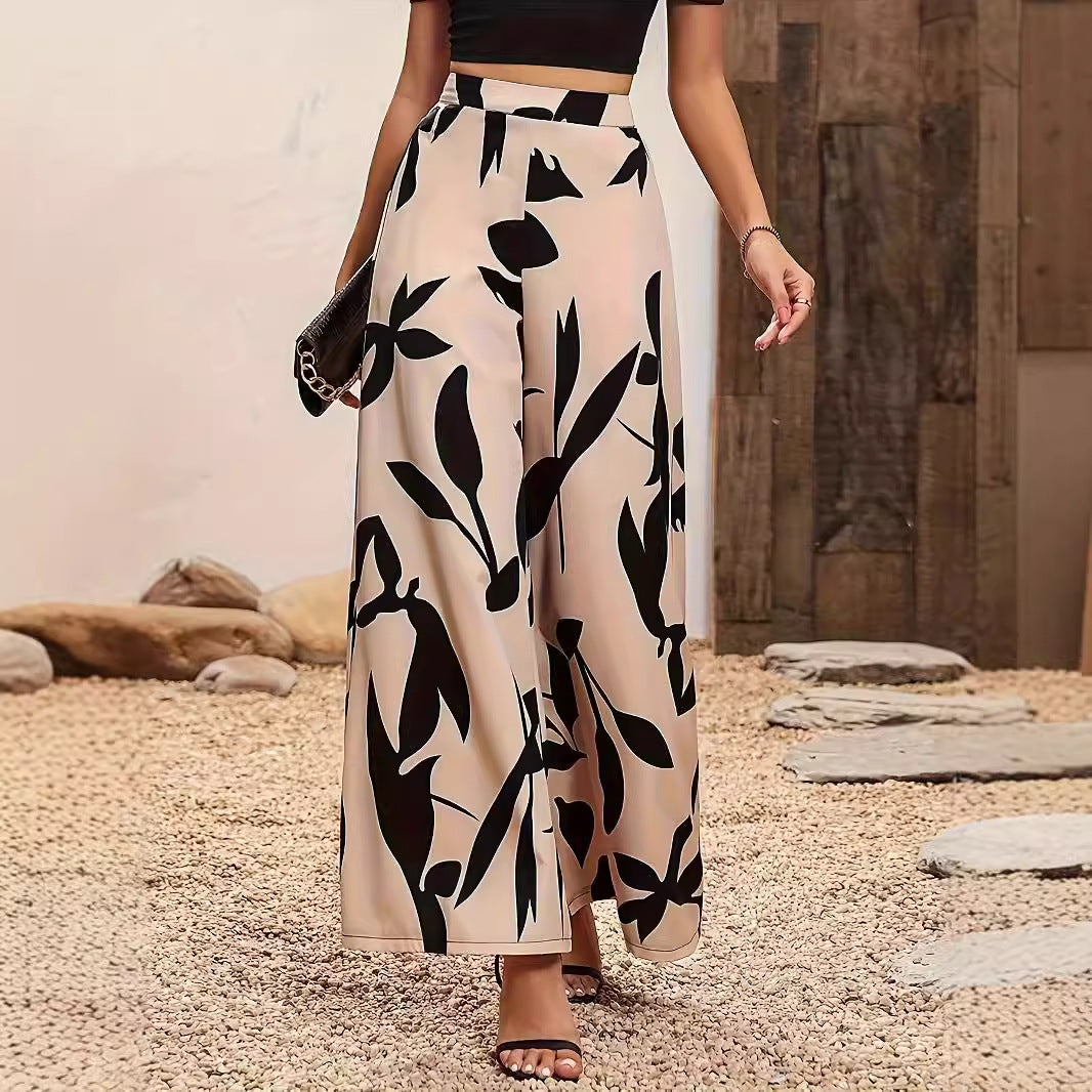 Leaf Print Wide-Leg Casual Pants