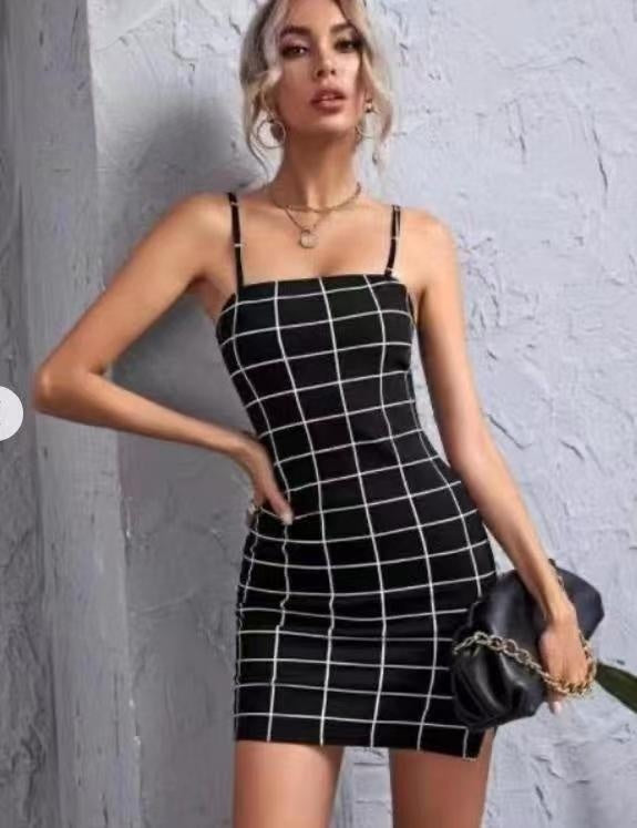 Retro Plaid Spaghetti-Strap Bodycon Mini Dress