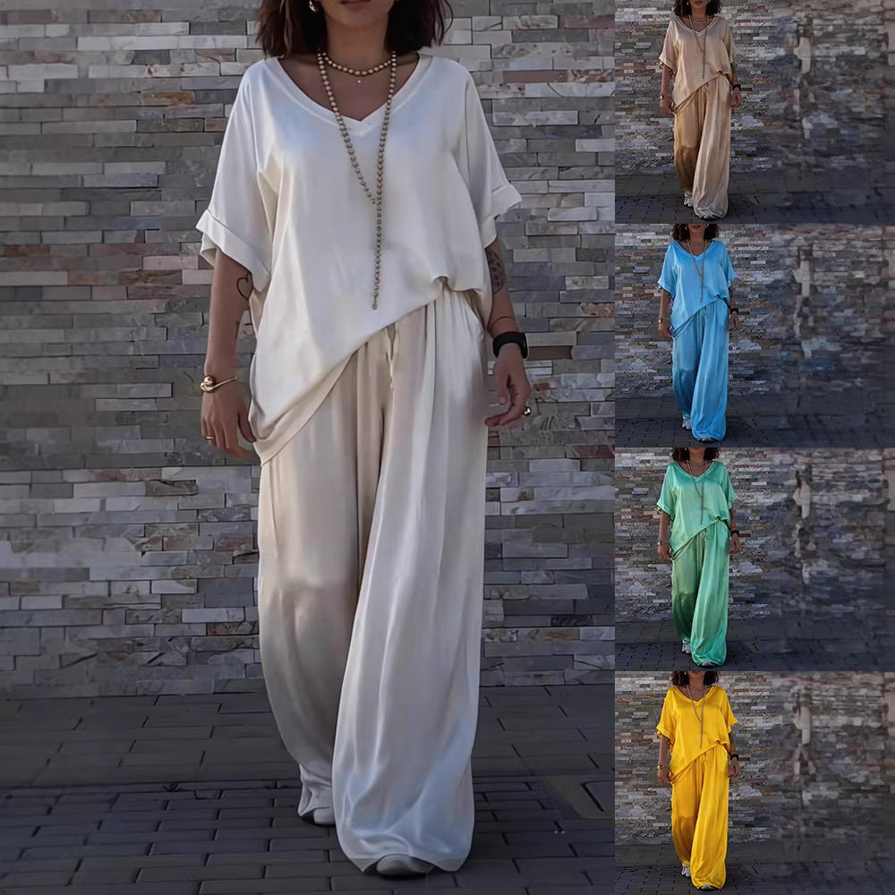Women's V-Neck Short Sleeve Pullover Top And Matching Long Pants Casual Cotton Blend Multicolor Outfit