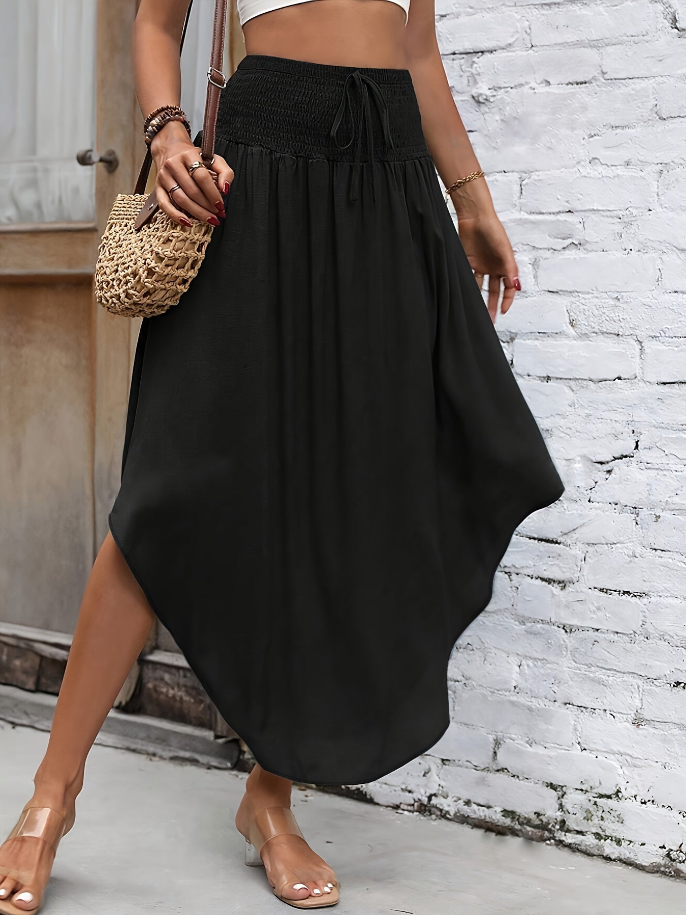 Asymmetrical Hem Tie Front Midi Skirt