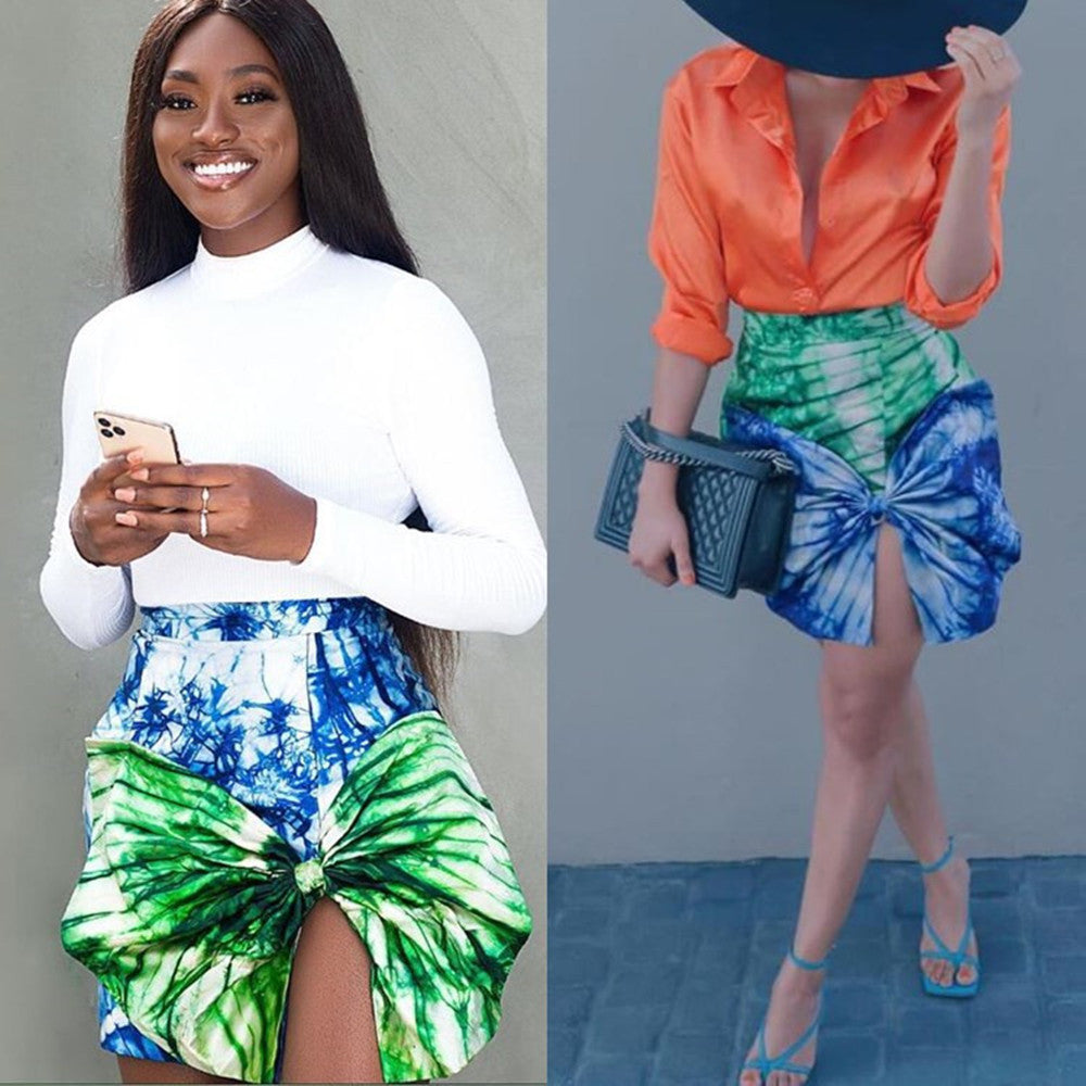 Tie-Dye Bow Contrast-Colour Skirt