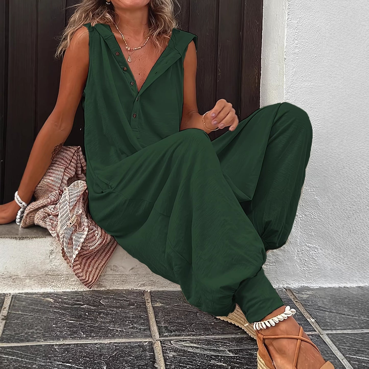 Women's Casual Sleeveless Hooded Long Jumpsuit With Drawstring Ankle Cuffs