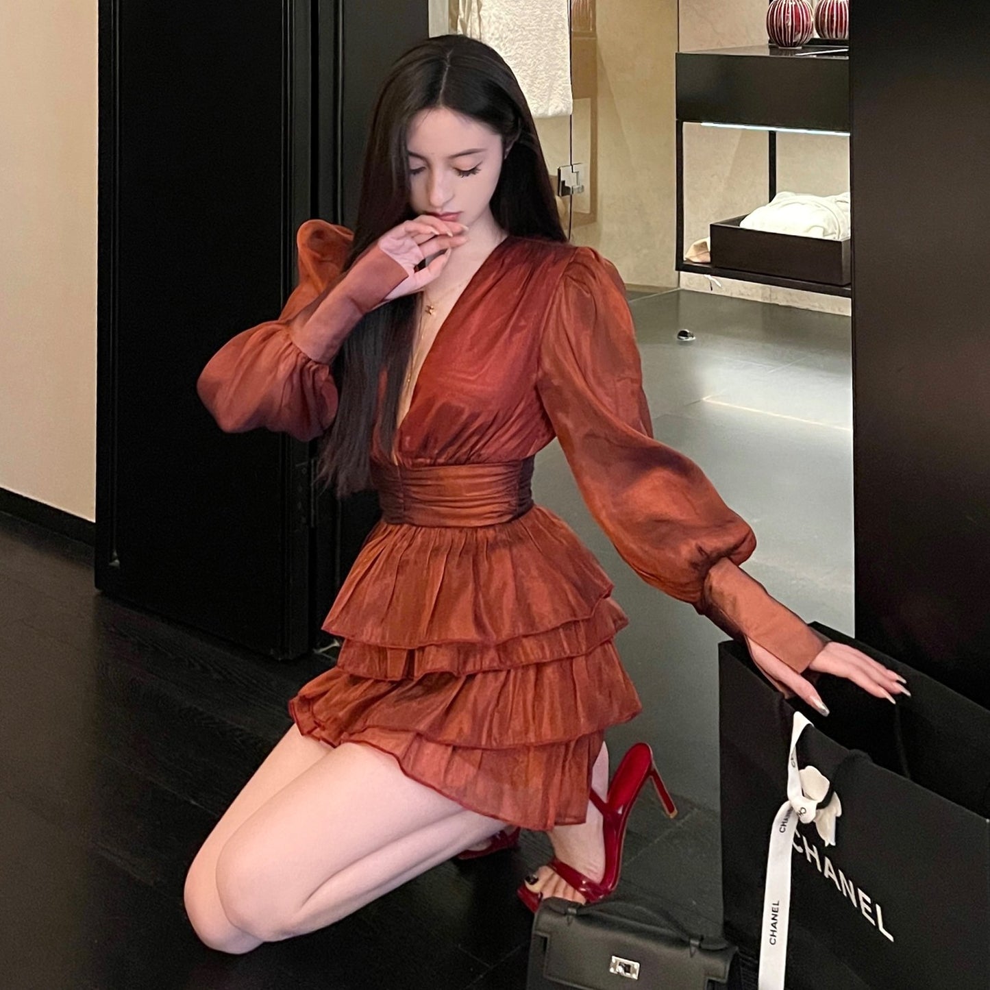 Slim Bubble-Sleeve Ruffled Mini Dress