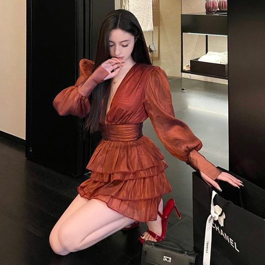 Slim Bubble-Sleeve Ruffled Mini Dress