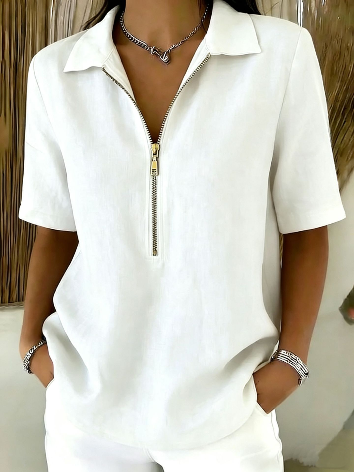 Solid-color Lapel-zip Mid-sleeve Womens Blouse