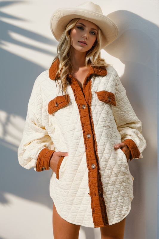 Full-Size Contrast Button-Up Quilted Shacket - US Only