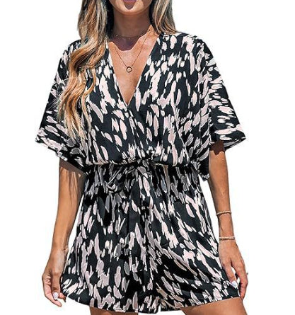 V-Neck Printed Lace-Up Bat Jumpsuit