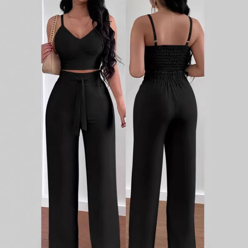 Sexy Backless Halter V-Neck Short Tank Top With Drawstring High-Waist Straight-Leg Pants
