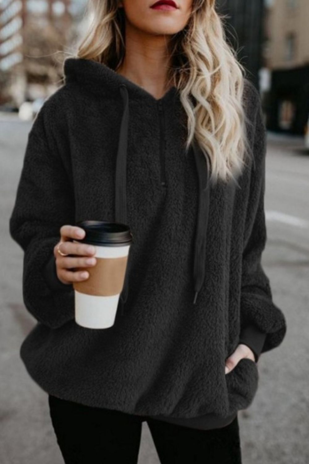 Quarter-Zip Drawstring Teddy Hoodie - US Only