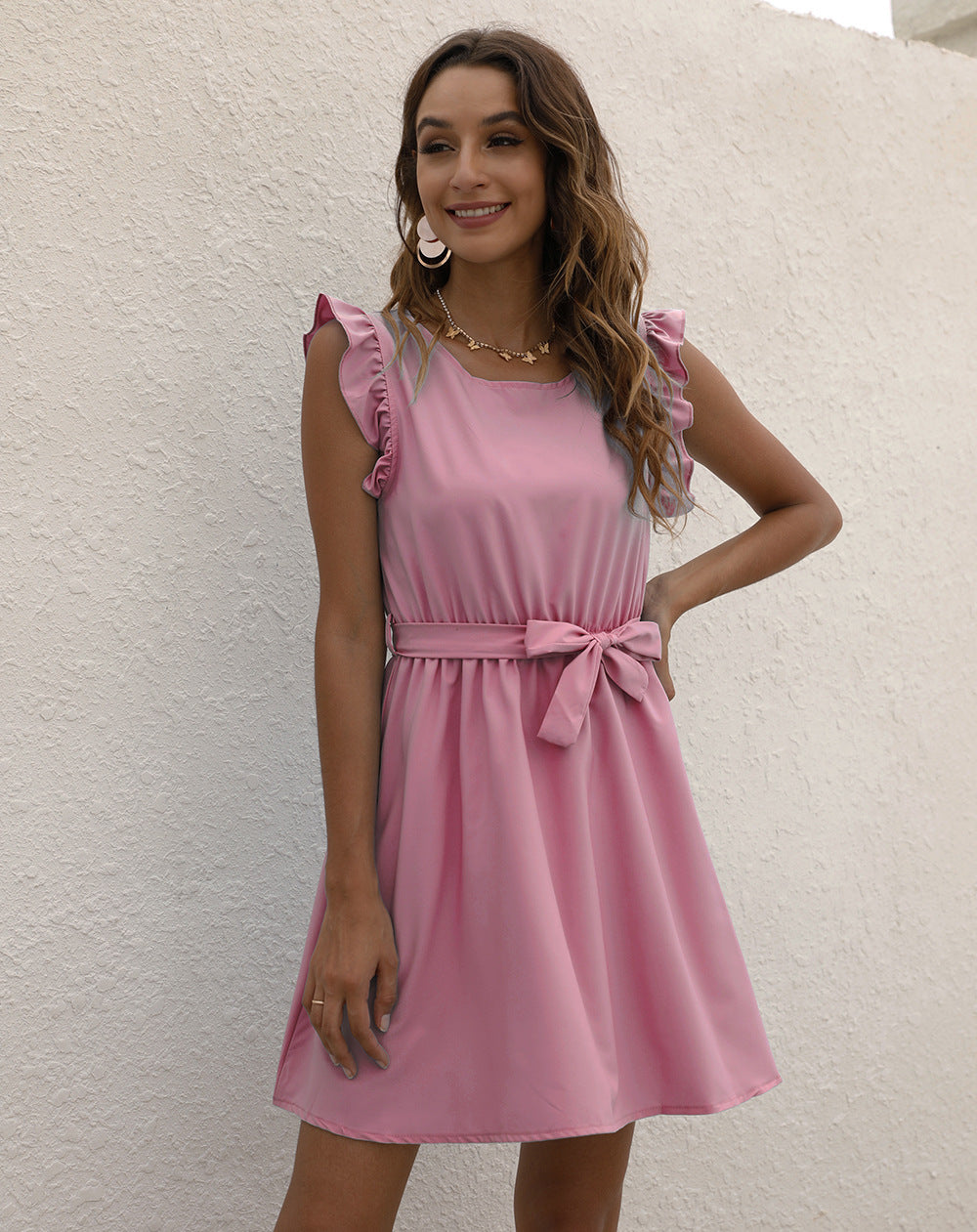 Womens Solid-Color Crew-Neck Lace-Up Waist-Cinched Dress