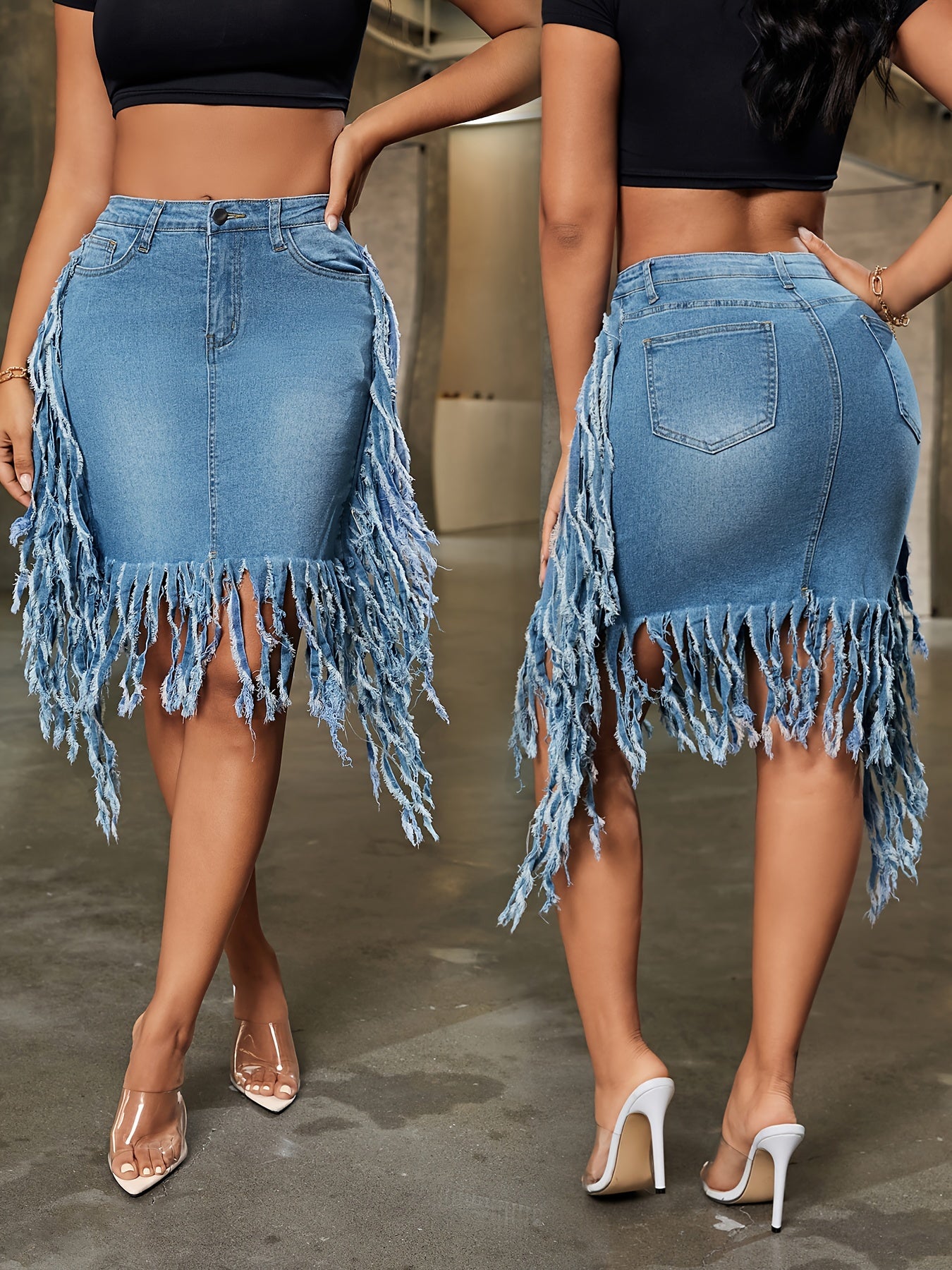 Plus-Size Fringe Streetwear  Bodycon Denim Skirt