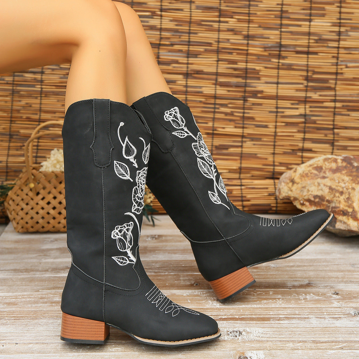 Flower Embroidered Mid-Calf Cowboy Boots For Women