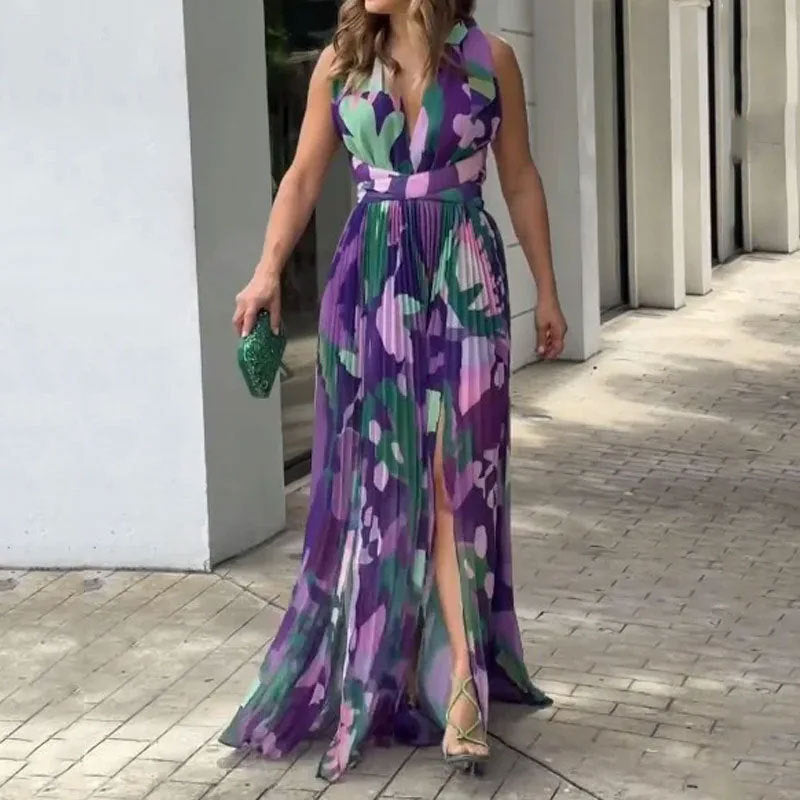 Sleeveless V-Neck Tight-Waist Split Dress