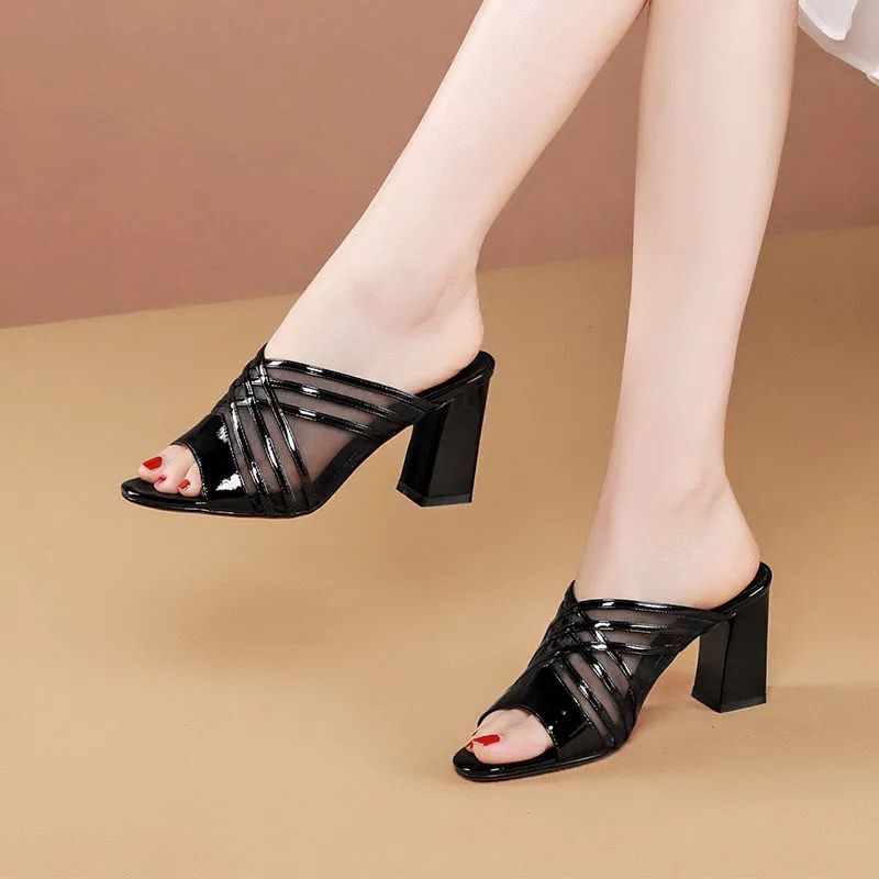 Thick-Heel Mesh Sandals/Slippers