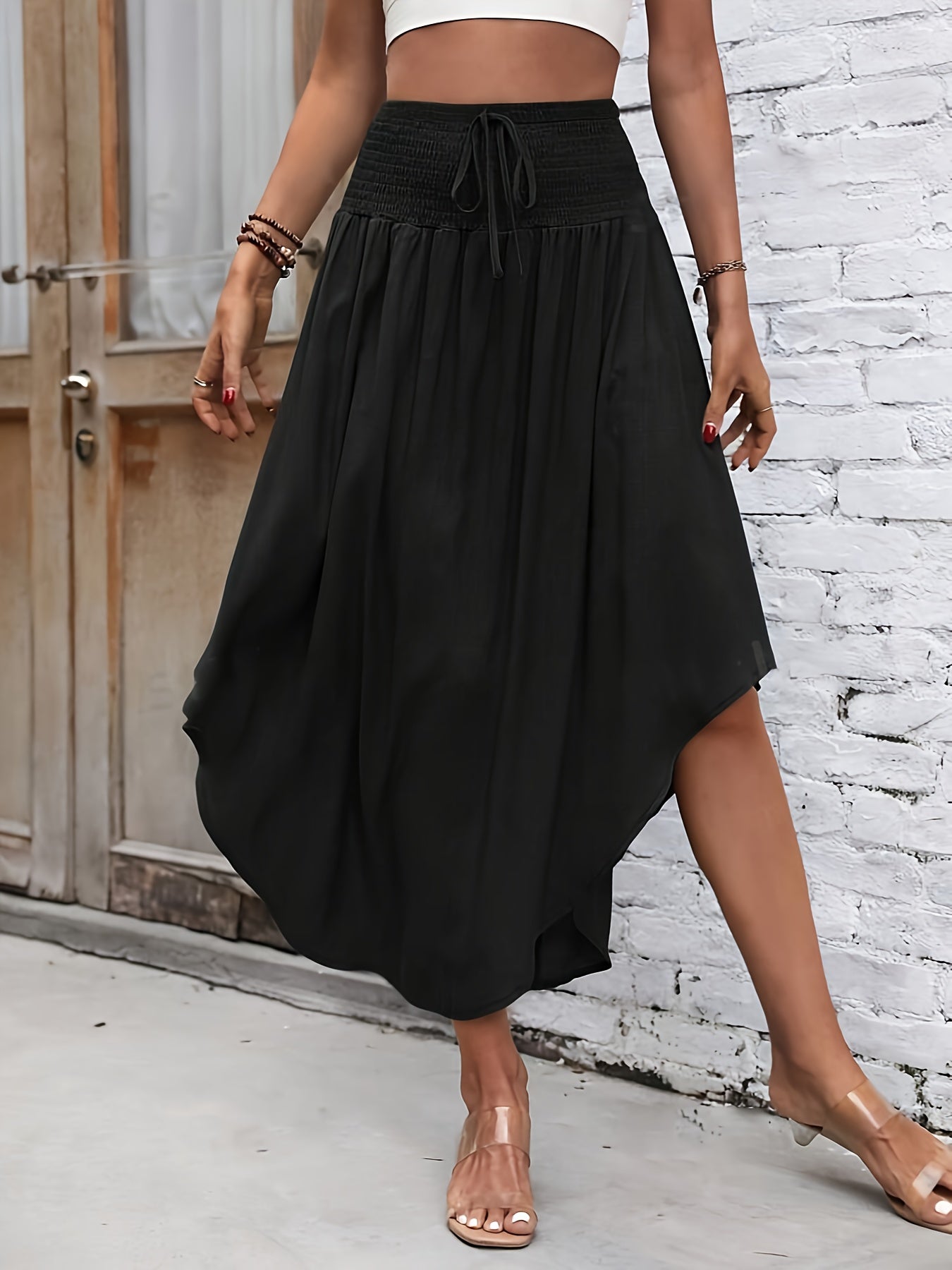 Asymmetrical Hem Shirred-Waist Skirt