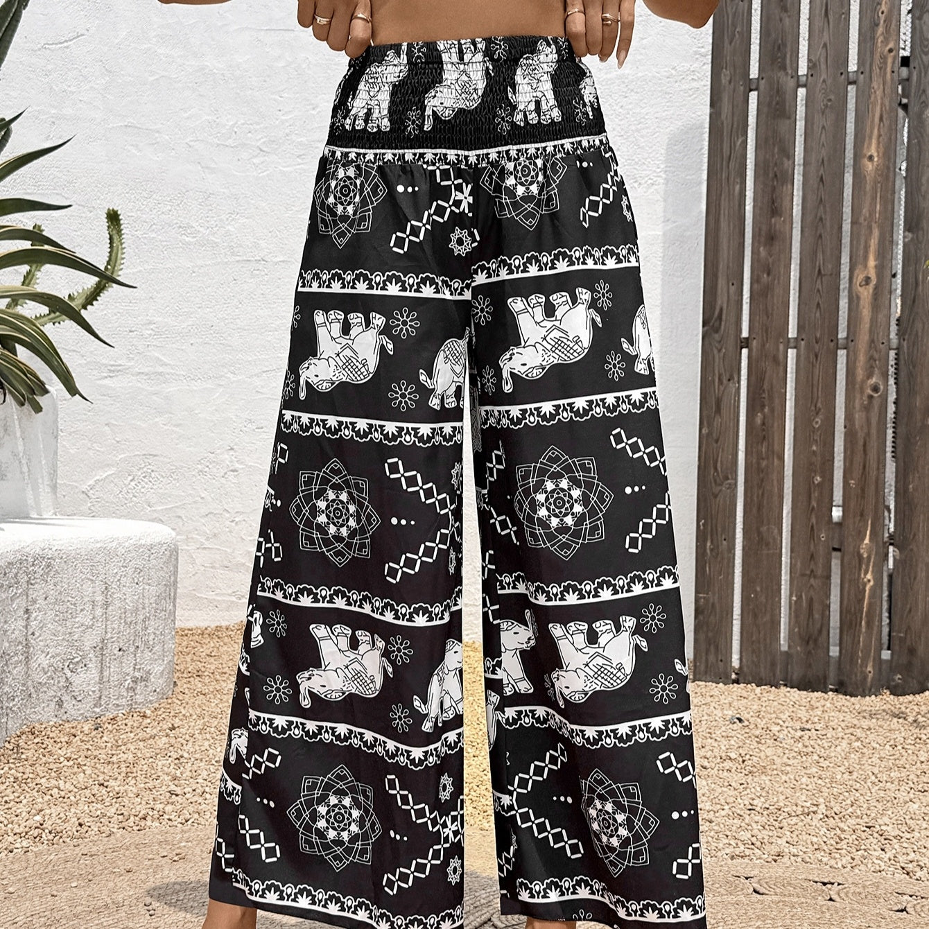 Elephant Print Pleated Wide-Leg Pants - US Only