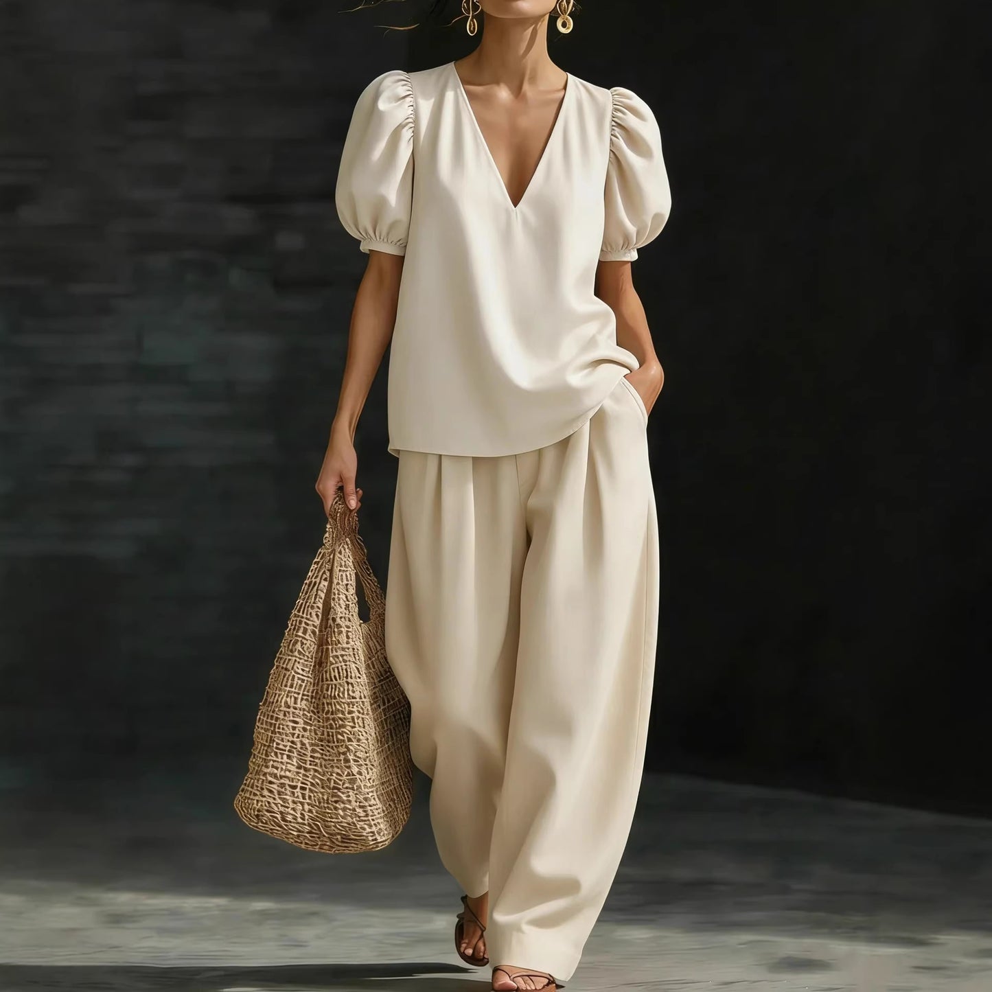 V-Neck Short-Sleeve Fashionable Casual Womens Set