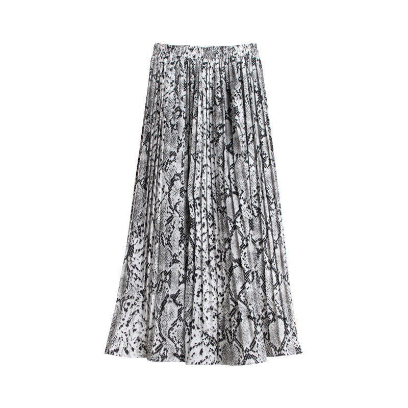 Slimming High-Waist Snake Print Pleated Skirt