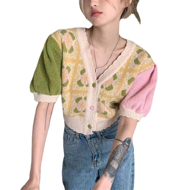 Puff-Sleeve Knitted Thin V-Neck Cardigan
