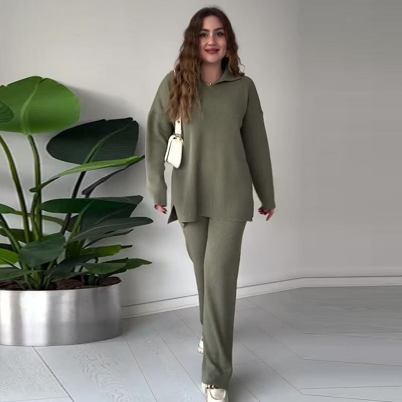 AutumnWinter New Style Fashion Solid Color Loose Hem Split Knit Sweater Two-Piece Set For Women