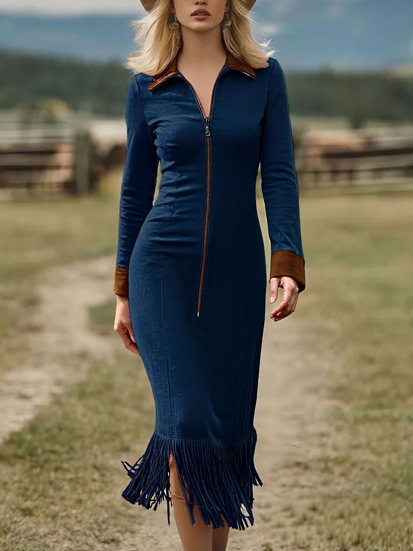 Western Cowboy Style Suede Tassel Slim Long Sleeve Dress