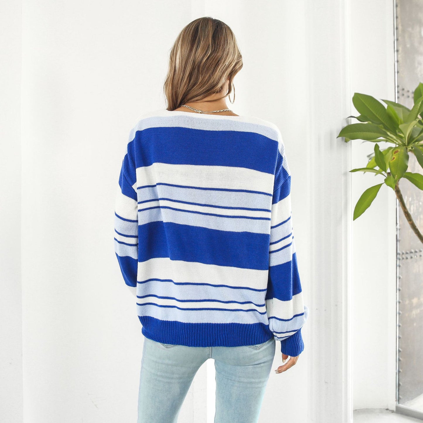 Loose Striped V-Neck Long-Sleeved Women's Sweater