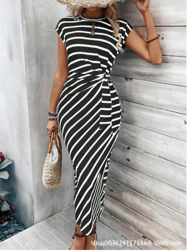 Waist-Strap Striped Round-Neck Short-Sleeve Long Pattern Dress