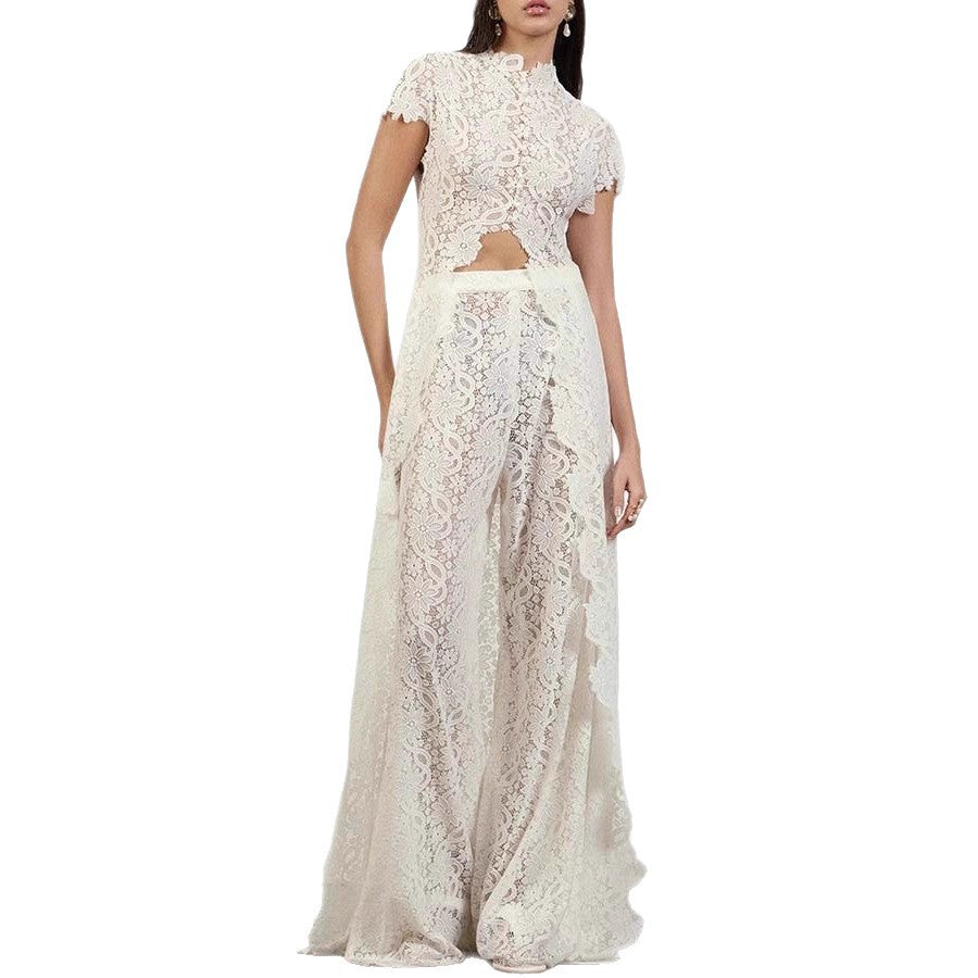 Womens Lace Solid Color Hollow-Out Crew Neck Fashionable Top And Pants Set
