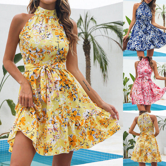 New Summer Flowers Print Halterneck Dress