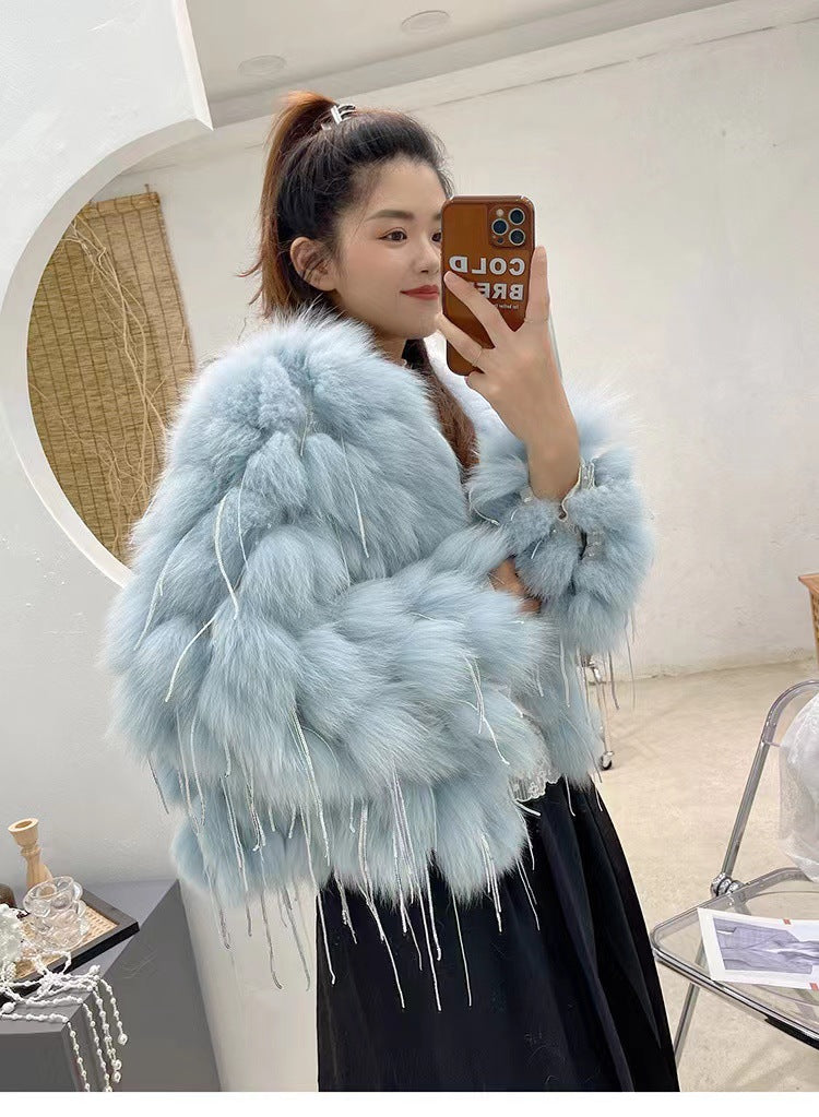 Plush Fox Fur Female Short Tassel Thickened Coat