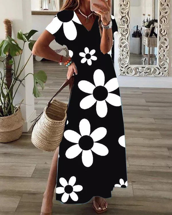 Loose Digital Print V-Neck Short-Sleeve Dress For Women