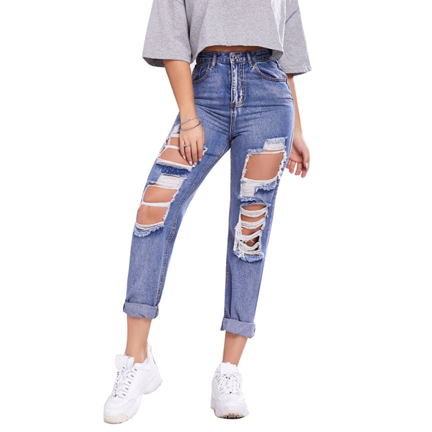 Ladies' High-Waisted Butt-Lifting Casual Straight-Leg Denim Trousers