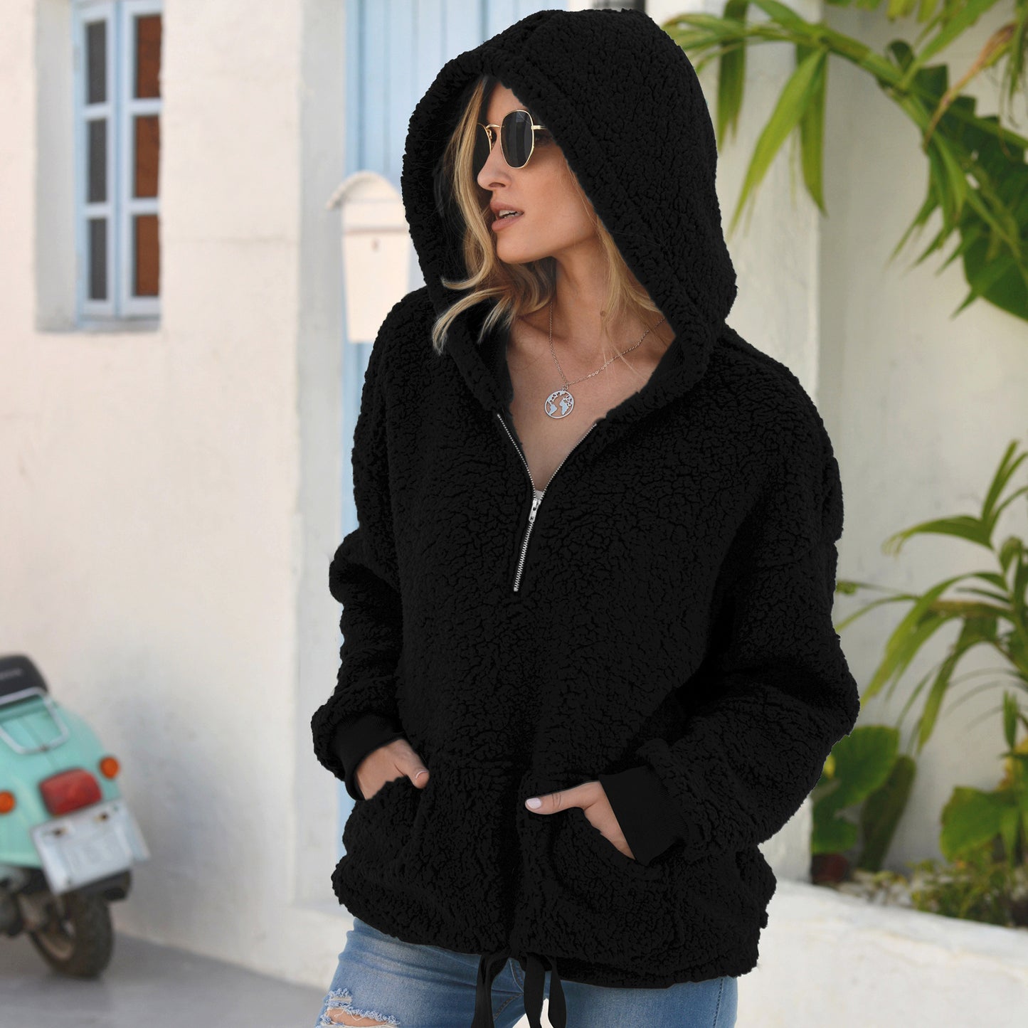 Loose Plush Pullover Socket Solid-Colour Women's Sweater Coat