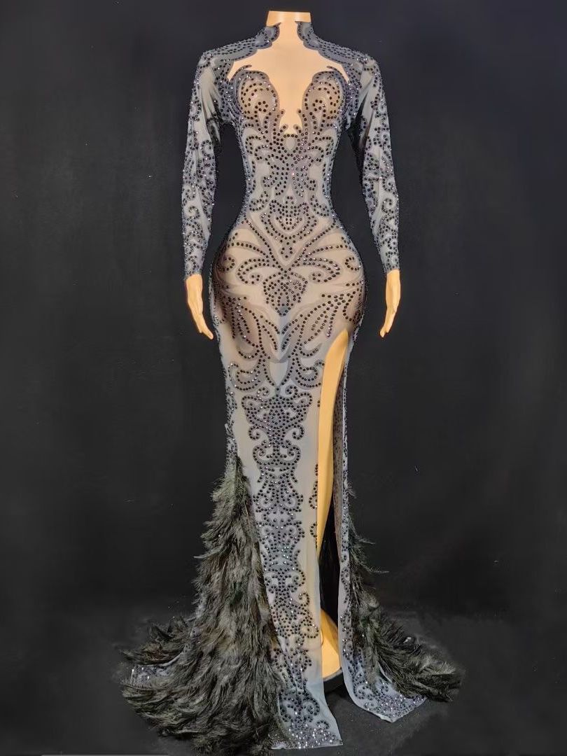 New  Beaded Tight Feather Long Jumpsuit Dress