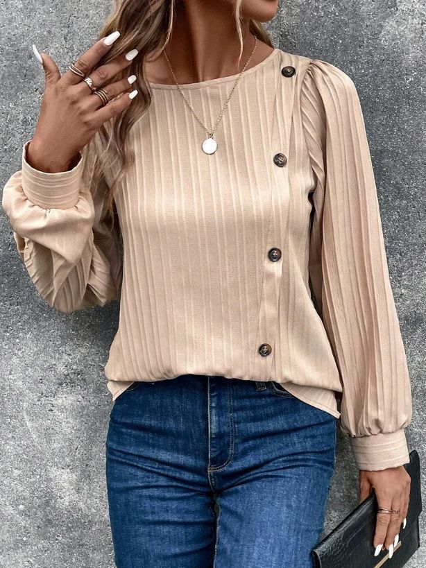 Fastener Decoration Crew-Neck Casual Solid-Colour Long-Sleeve Shirt