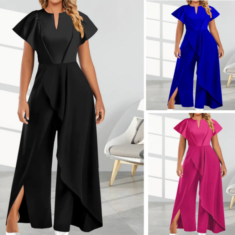 Women's V-Neck Irregular Wide-Leg Pants Jumpsuit